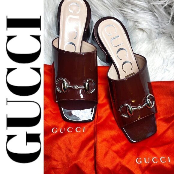 NWOT GUCCI Lexi Patent Leather Horsebit Accent Burgundy Slides, Size 35 - Picture 12 of 12